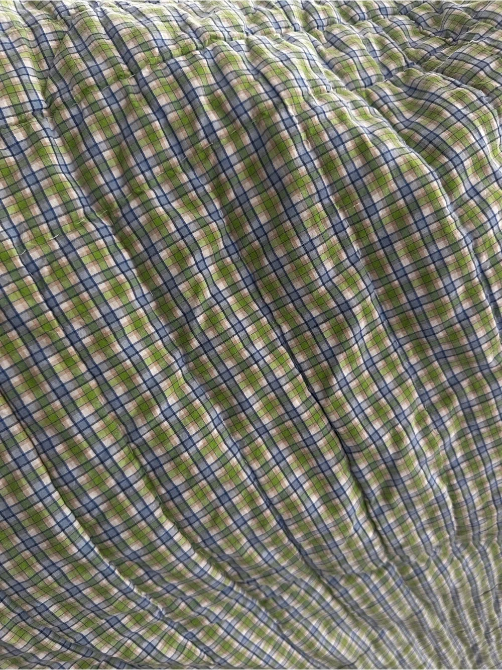 Pottery Barn Kids Reversible Patchwork Comforter with Green and Navy Accents.